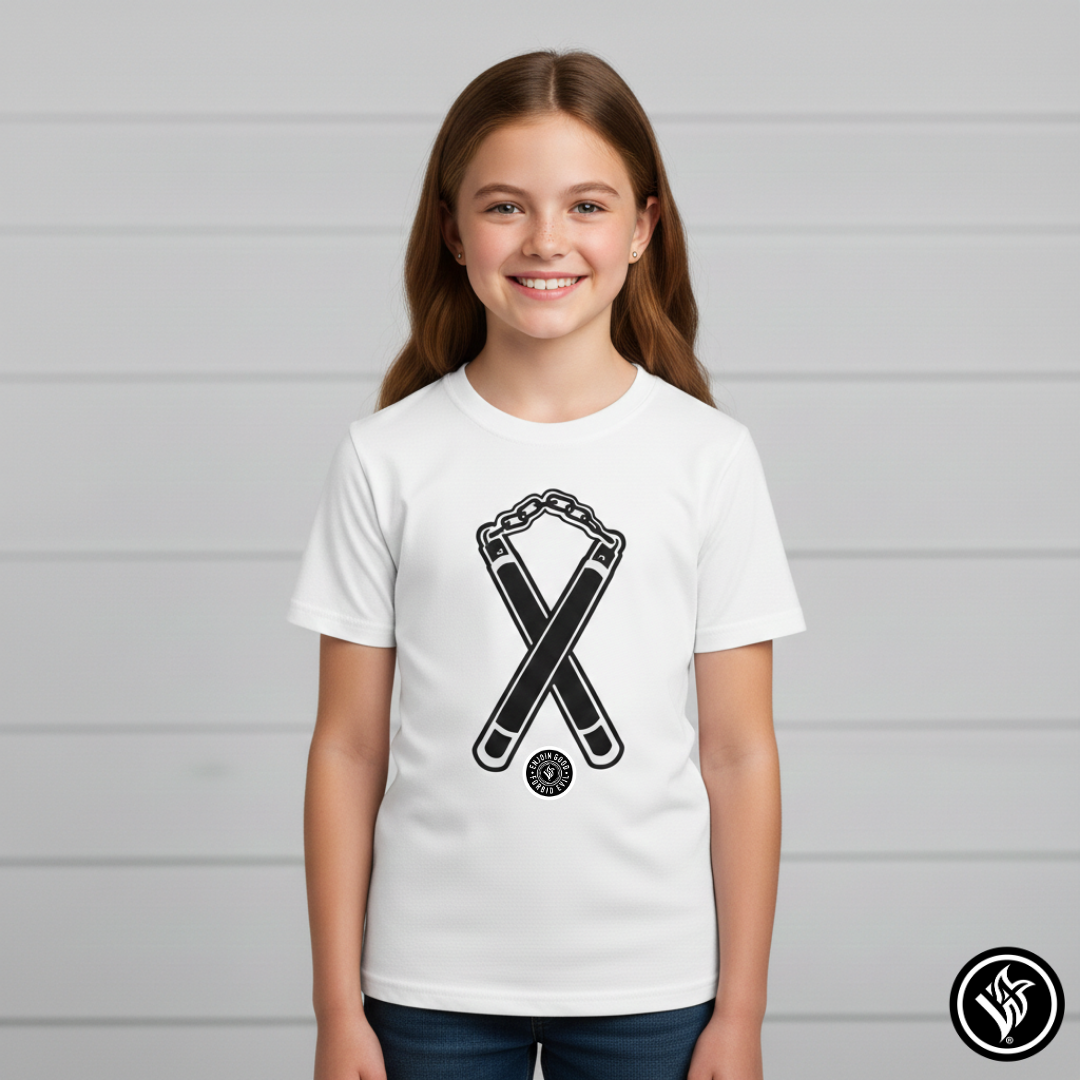 Kids T‑Shirt Nunchuck Enjoin Good X Forbid Evil — White Tee