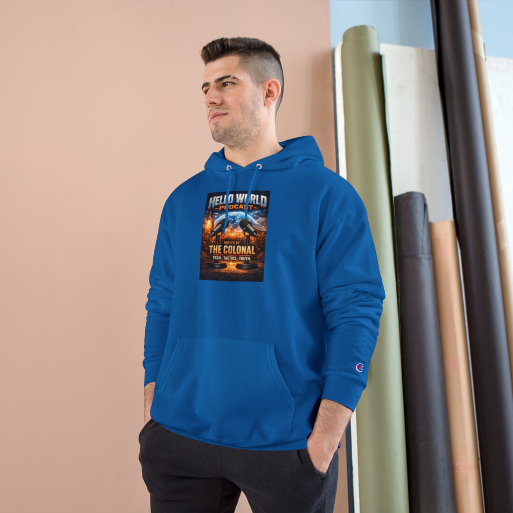 Hello World Podcast Hoodie — "Hosted by The Colonial" Graphic Pullover