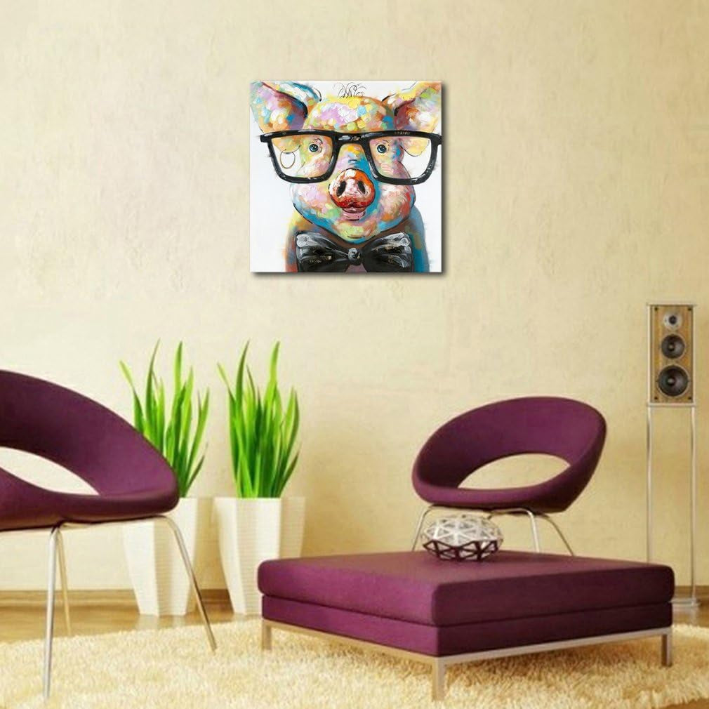 Happy Pig with Glasses Paintings for Living Room Hand Painted Canvas Wall Art for Living Room with Rasied Texture on Canvas Stretched Ready to Hang(24X24In)