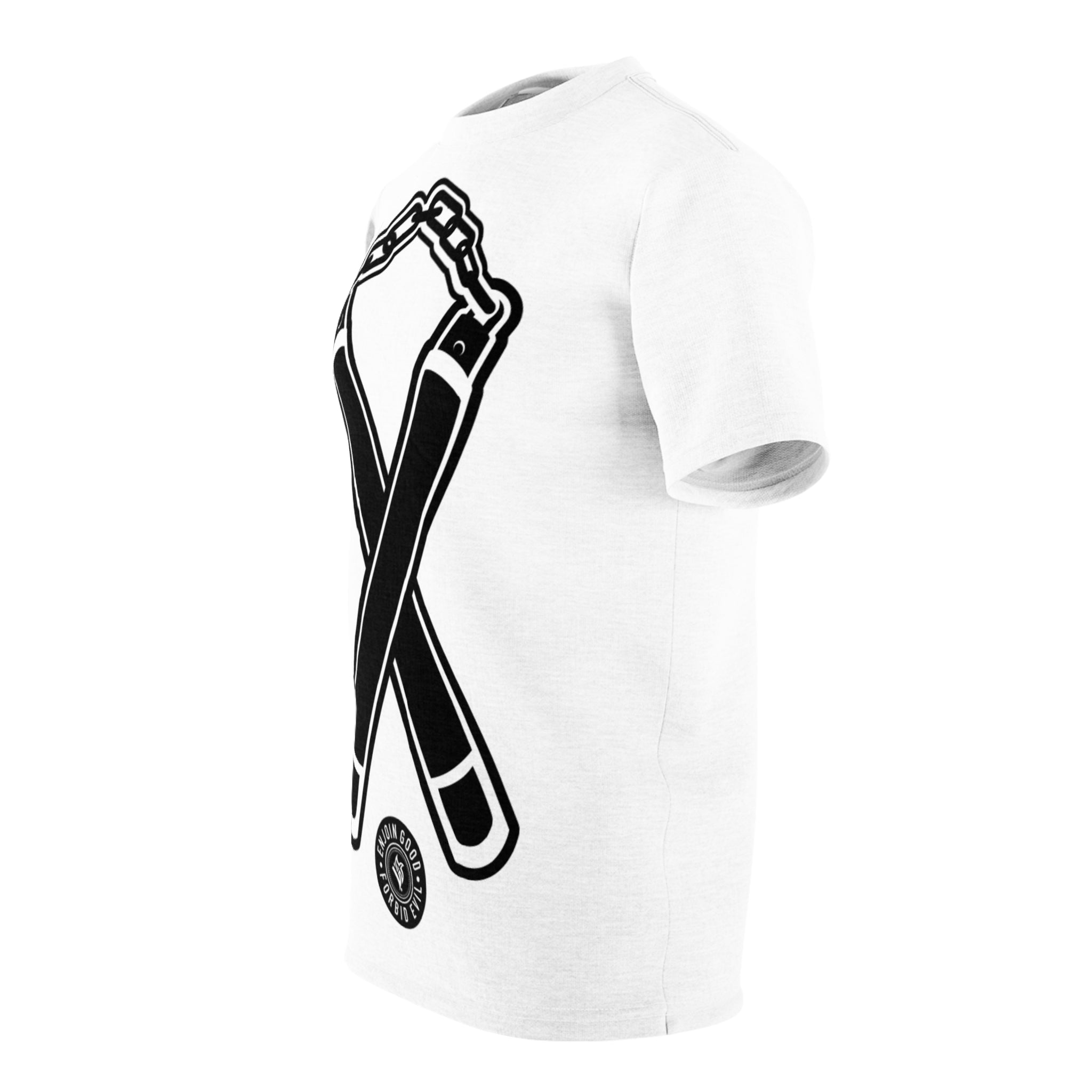 Nunchuck Enjoin Good X Forbid Evil — White Tee