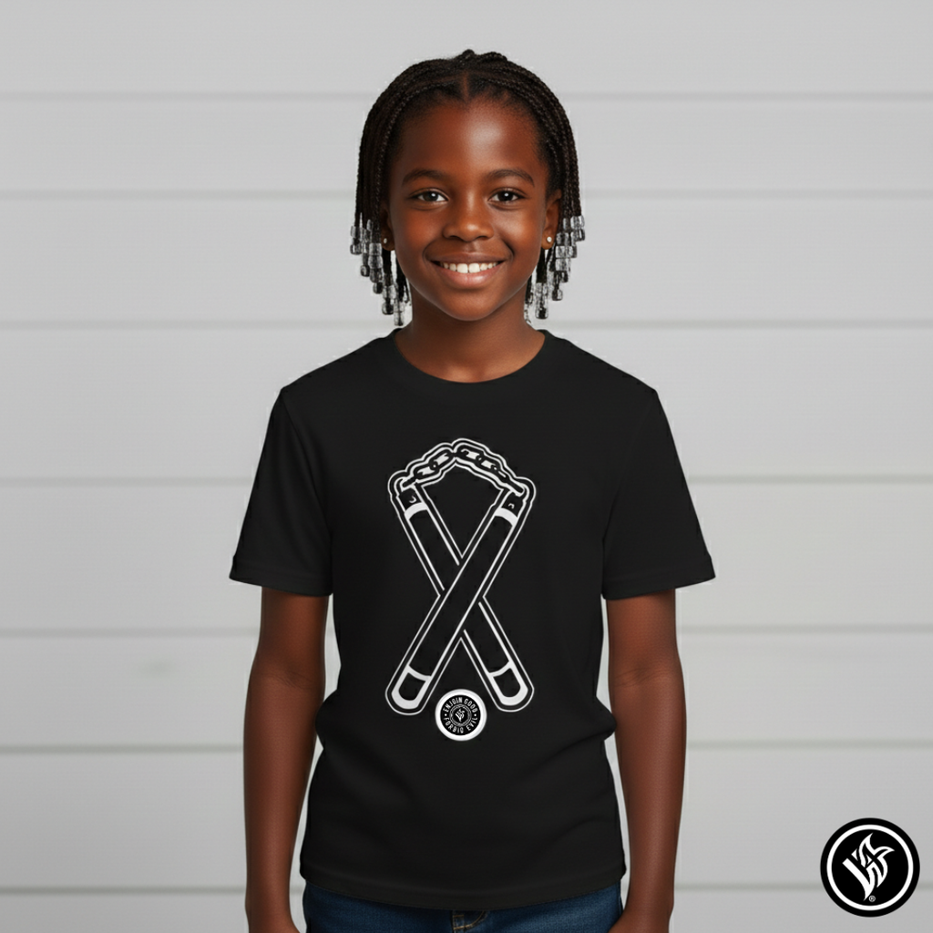 Kids T‑Shirt Nunchuck Enjoin Good X Forbid Evil — Black Tee