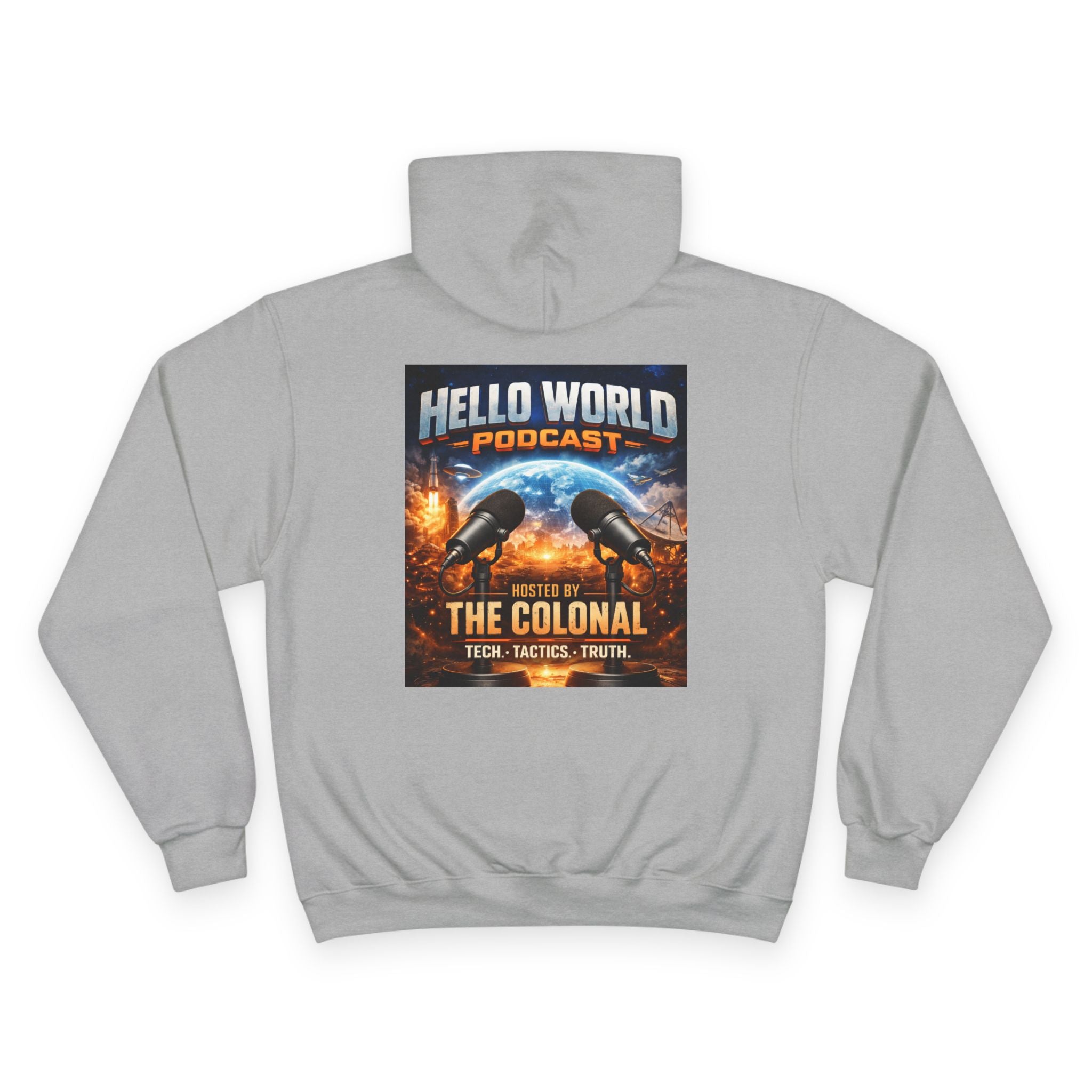 Hello World Podcast Hoodie — "Hosted by The Colonial" Graphic Pullover