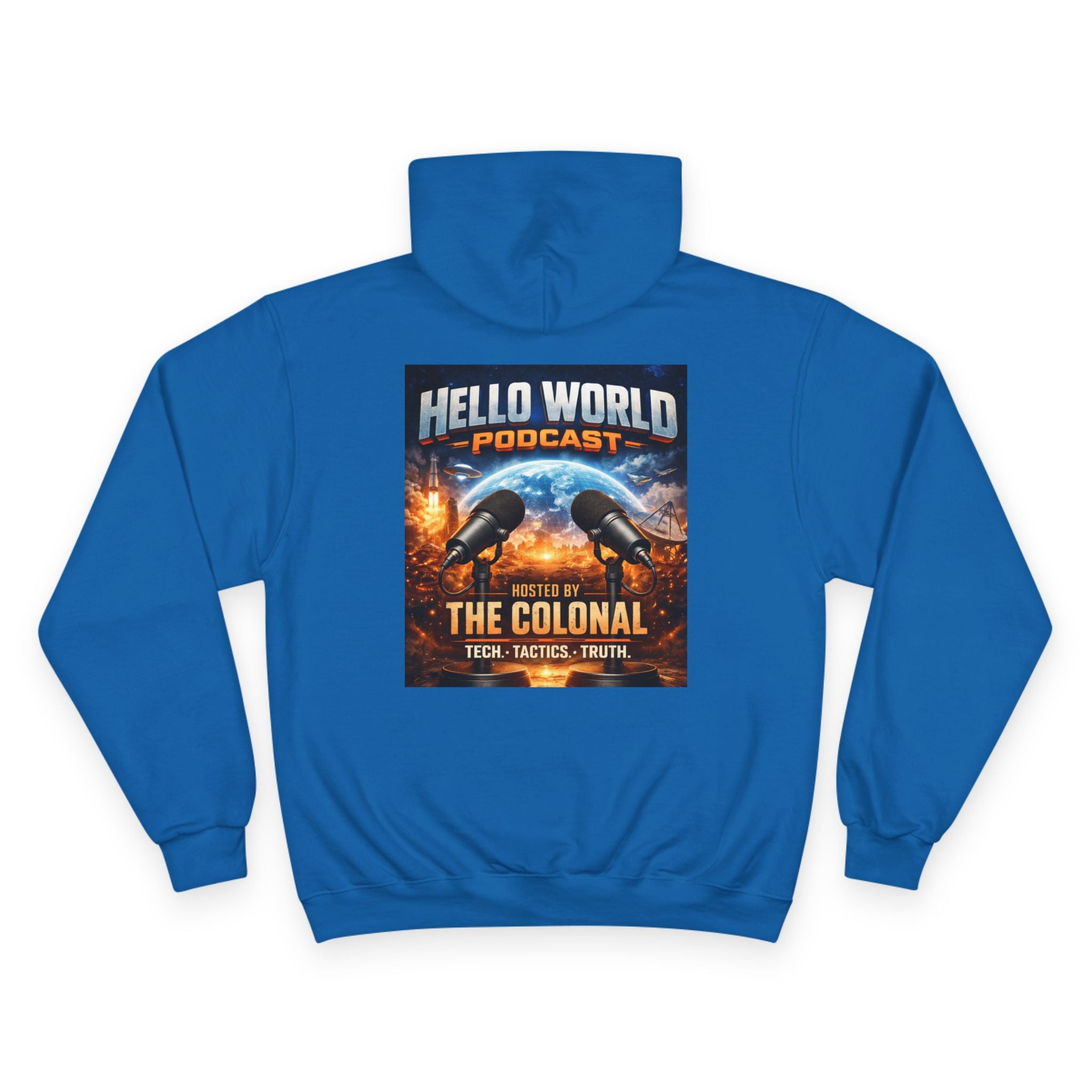 Hello World Podcast Hoodie — "Hosted by The Colonial" Graphic Pullover