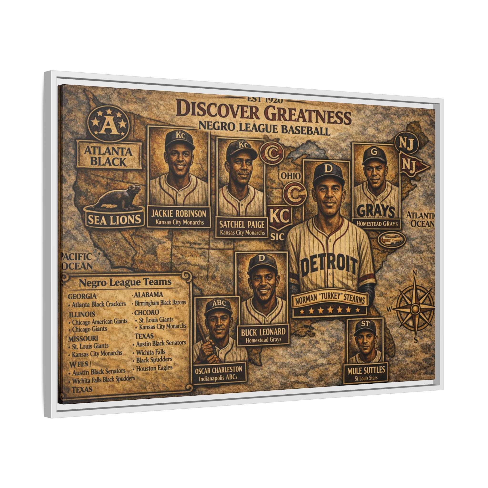 Negro League Baseball Vintage Canvas Print — "Discover Greatness" Framed Matte Artwork
