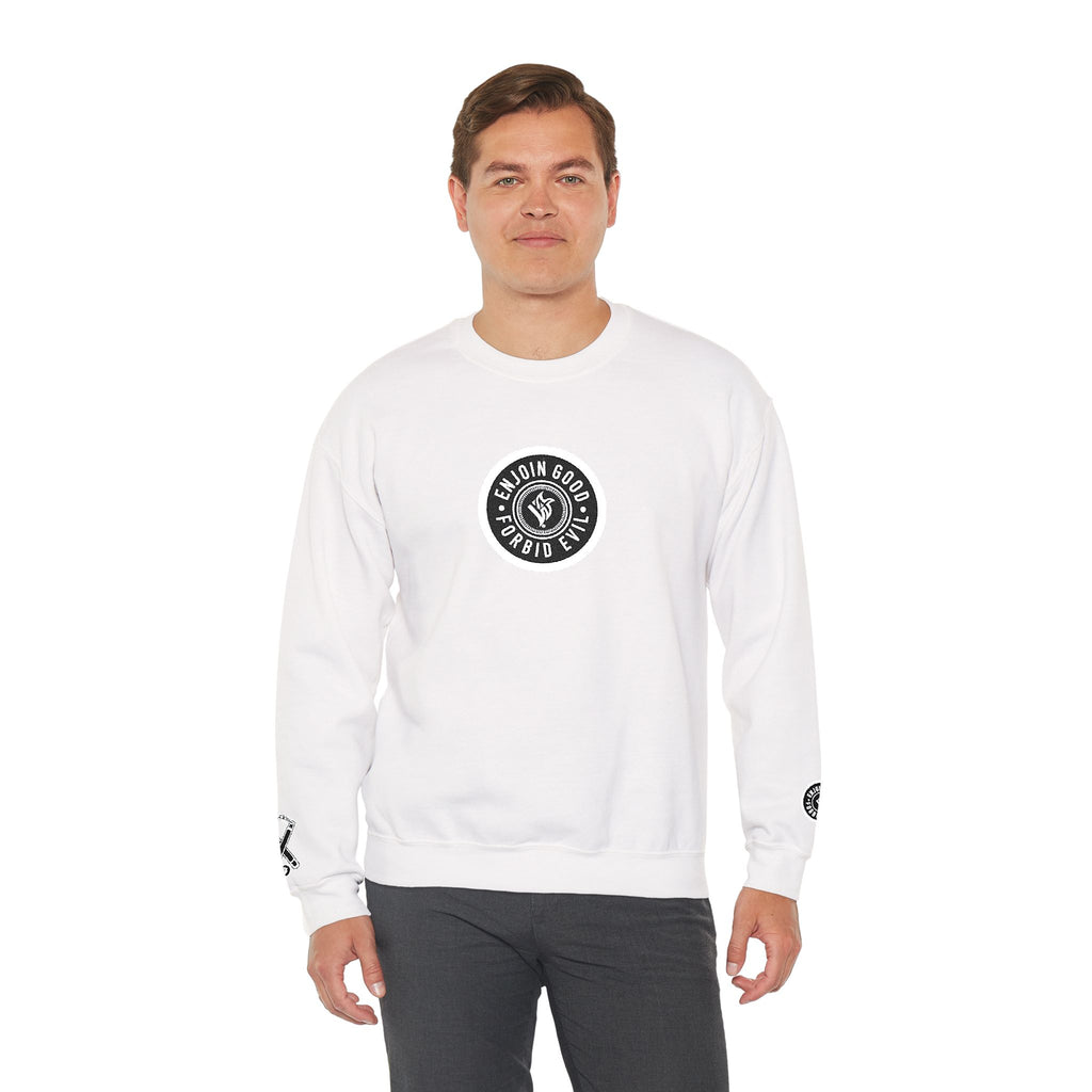 Emblem Enjoin Good X Forbid Evil — White Crewneck Sweatshirt