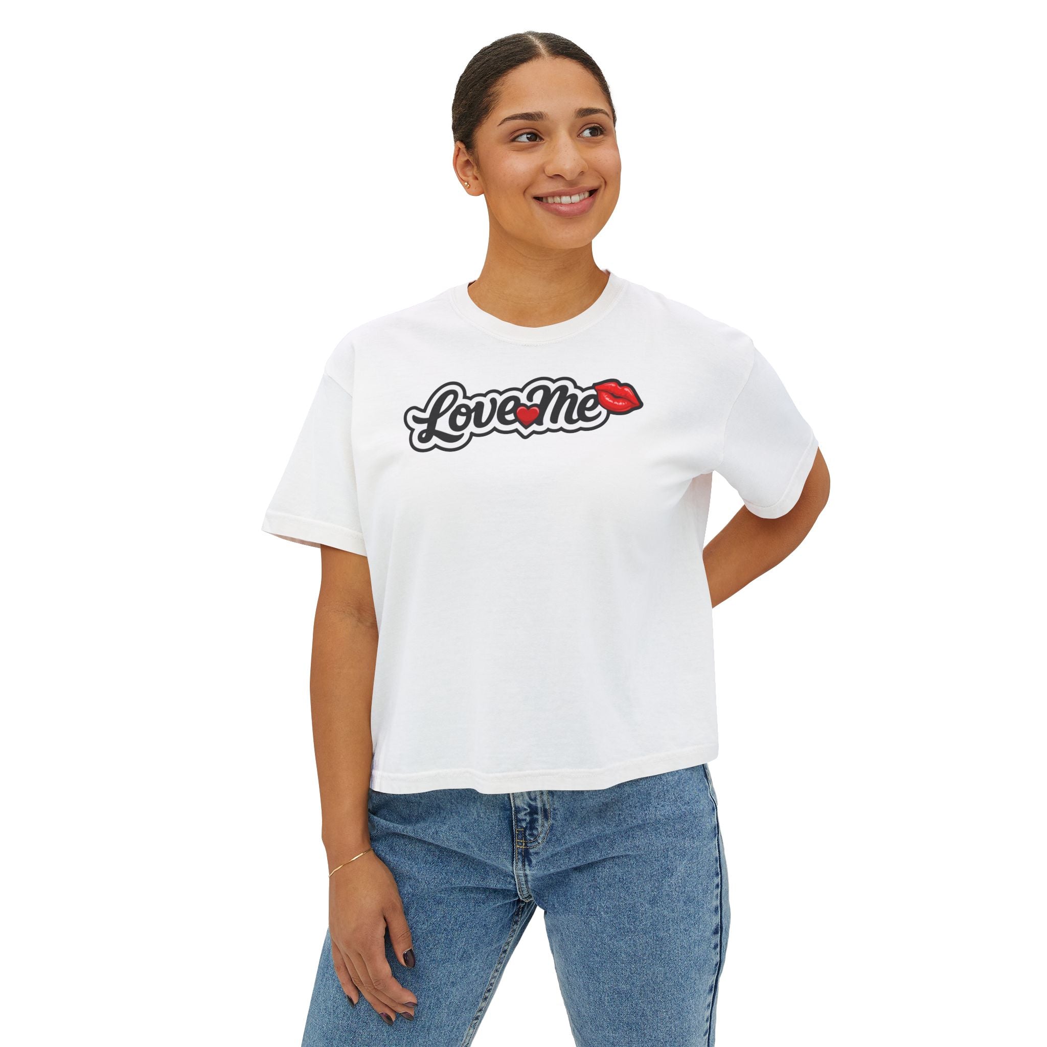 Love Me Boxy Tee — Women's Cropped Graphic T-Shirt with Kiss Logo