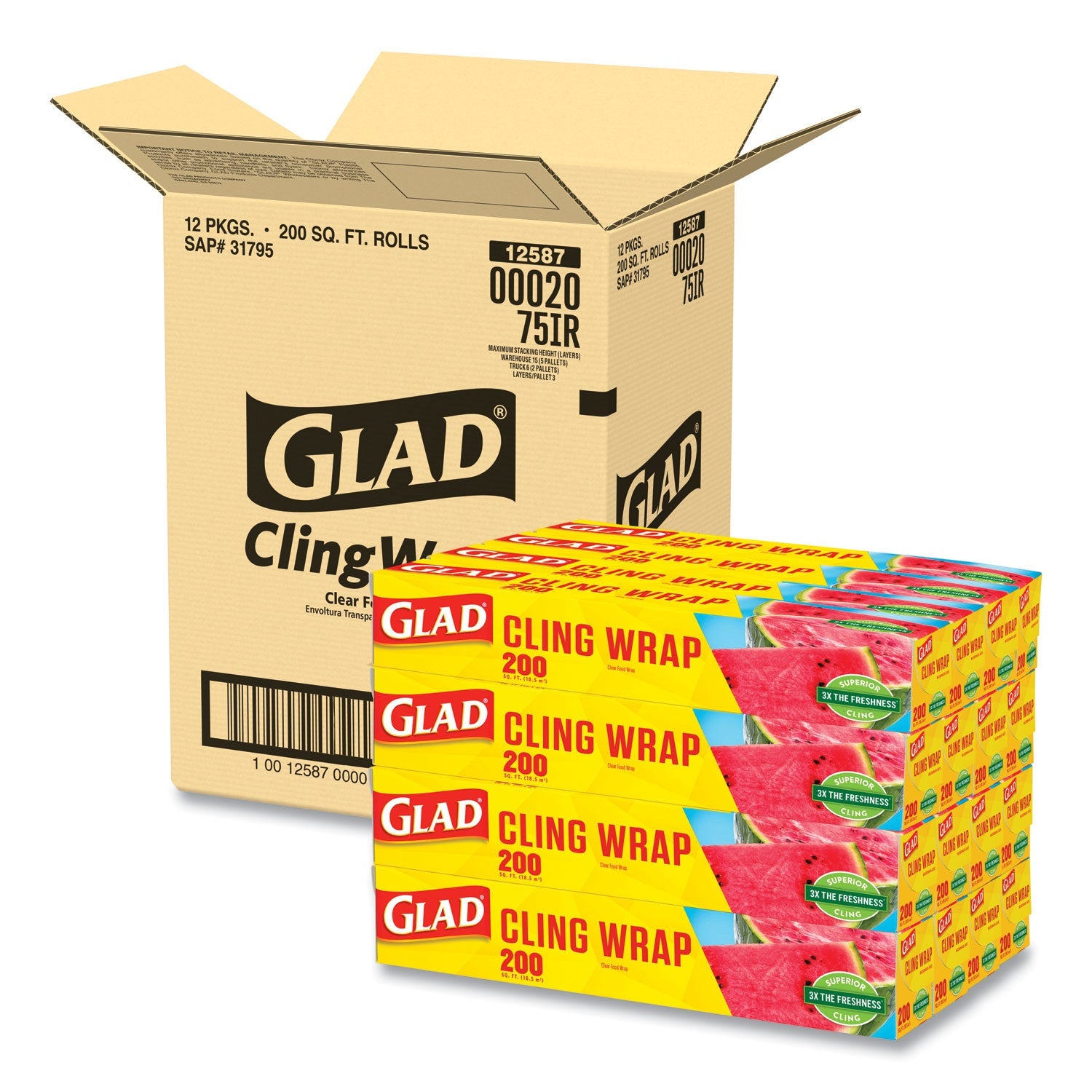 Glad ClingWrap Plastic Wrap, 200 Square Foot Roll, Clear, 12 Rolls/Carton