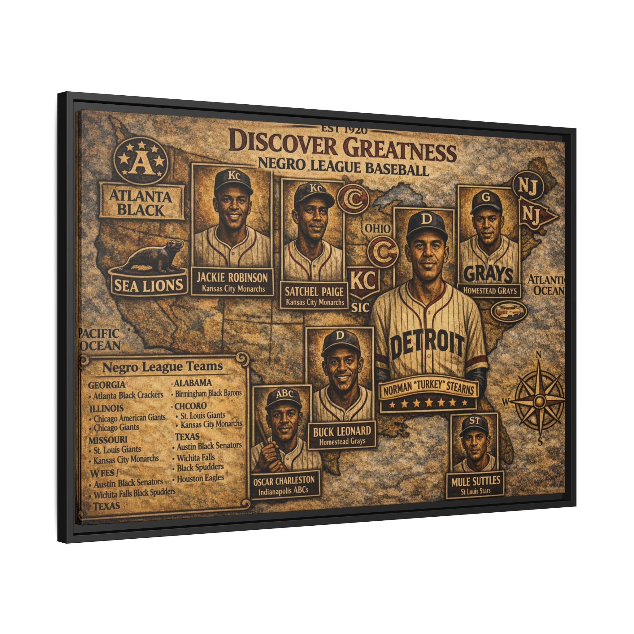 Negro League Baseball Vintage Canvas Print — "Discover Greatness" Framed Matte Artwork