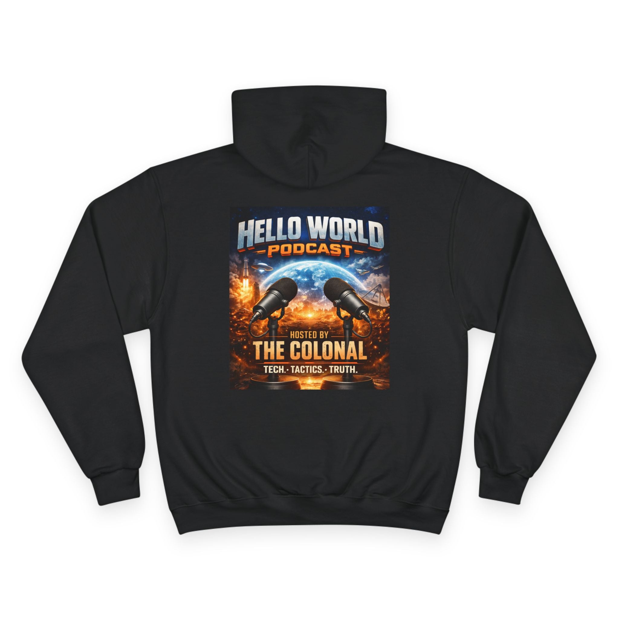 Hello World Podcast Hoodie — "Hosted by The Colonial" Graphic Pullover
