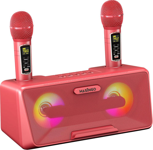 Karaoke Machine for Adults and Kids with 2 Wireless Microphones, Portable Bluetooth Singing Speaker, Colorful LED Lights, PA System, Lyrics Display Phone Holder, and TV Cable. Presto G2 Pink