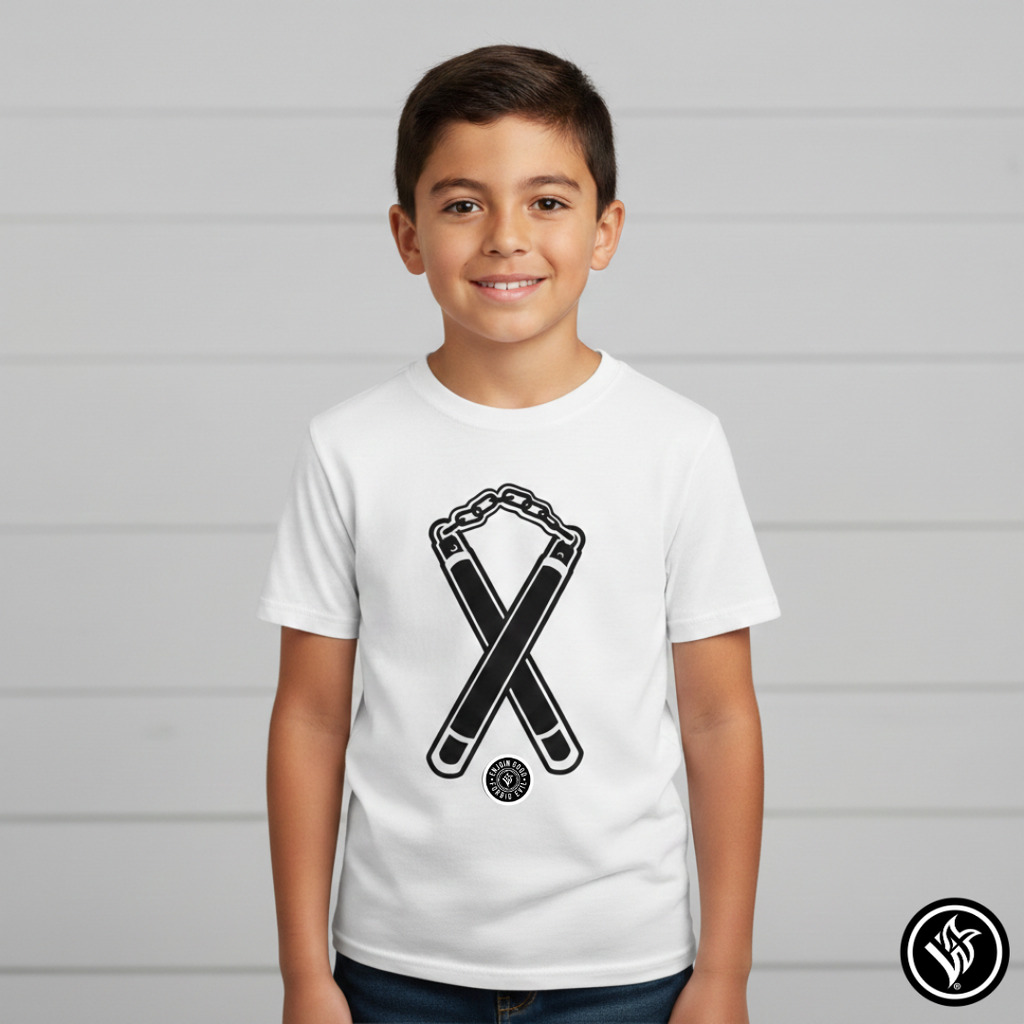 Kids T‑Shirt Nunchuck Enjoin Good X Forbid Evil — White Tee