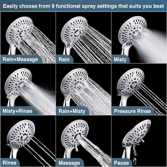 High Pressure 9-Spray Handheld Shower Head Set with Hose and Shower Arm Mount