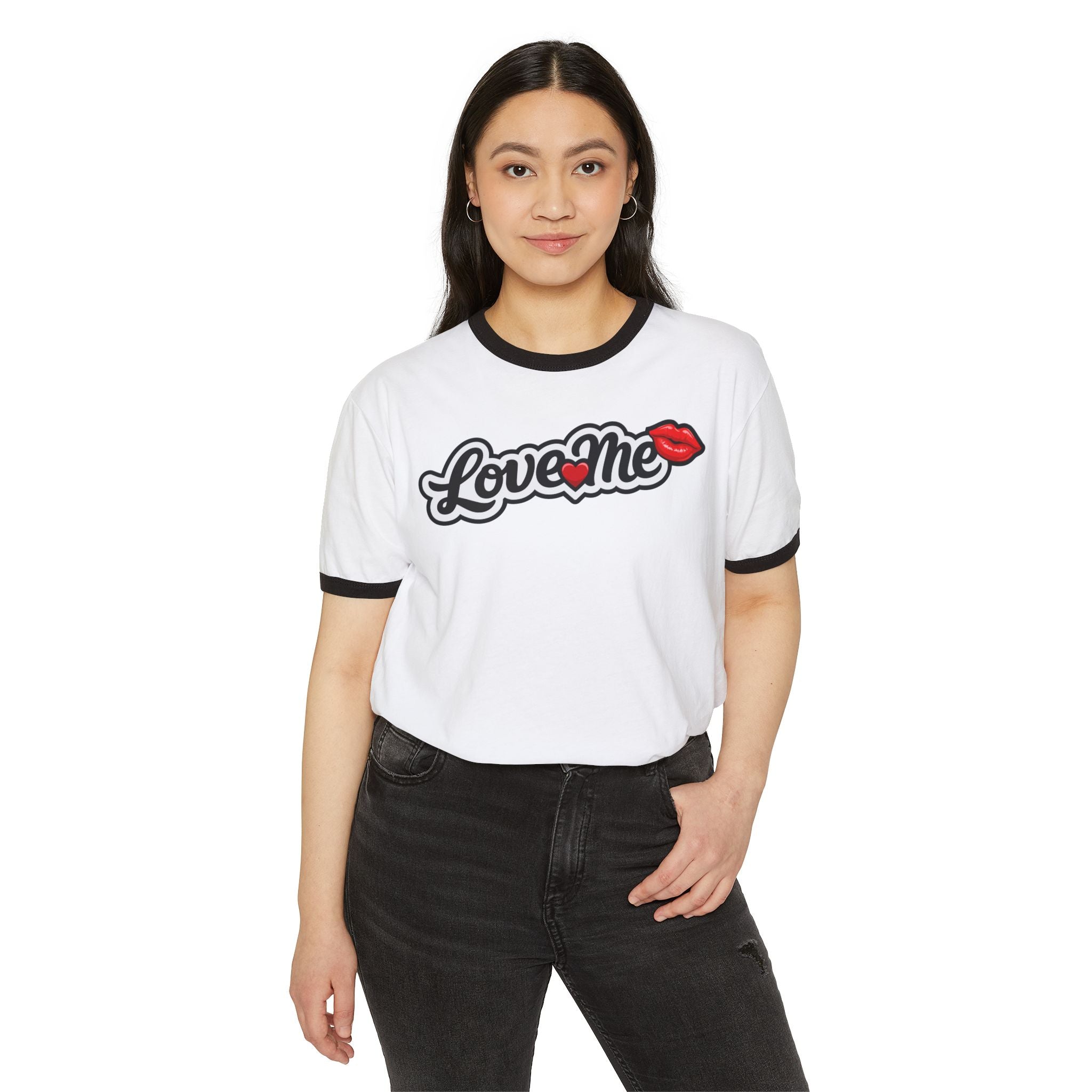 Love Me Ringer Tee — Retro Script with Kiss Graphic