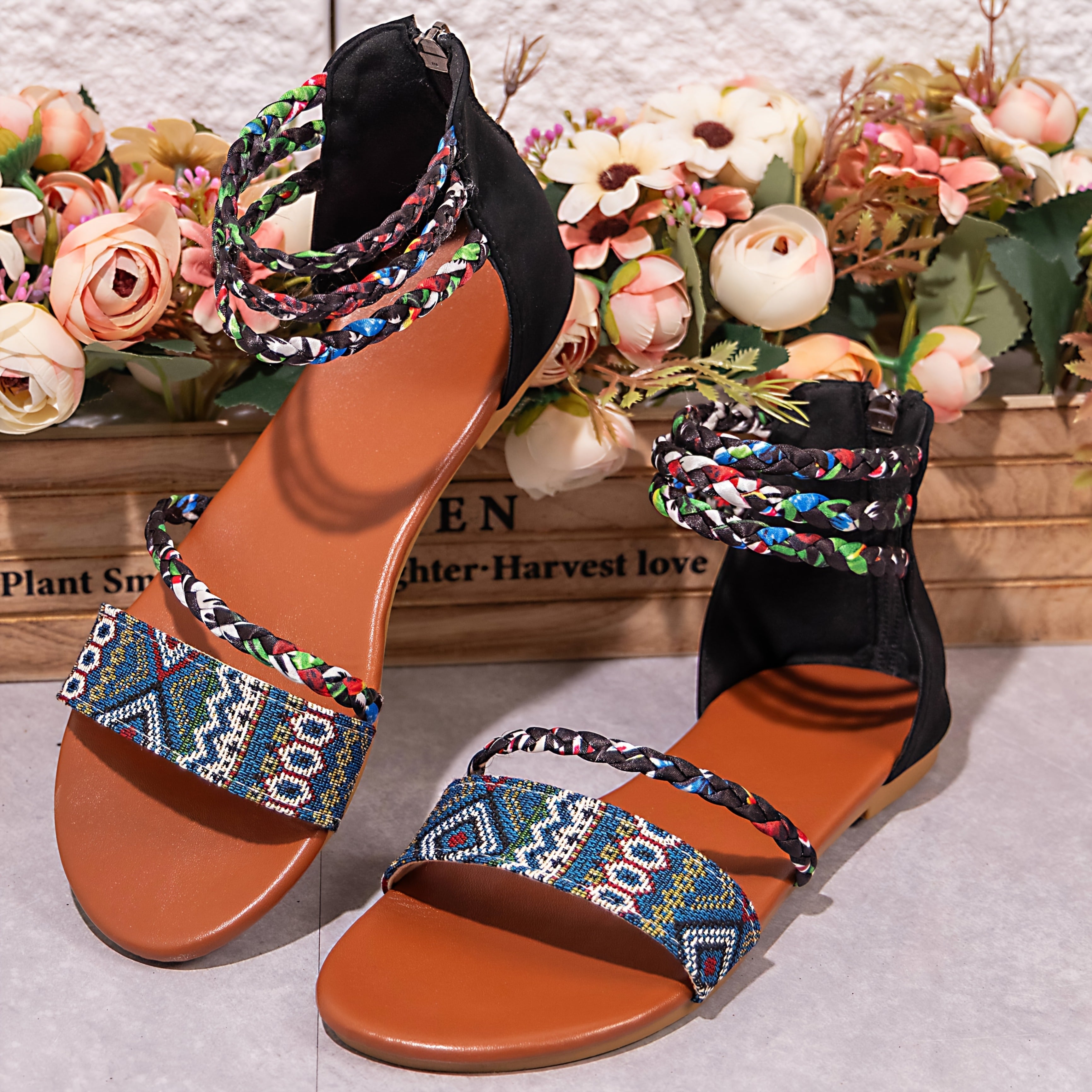 Women's Bohemian Roman Sandals - Open-Toe Flat Shoes with Back Zipper