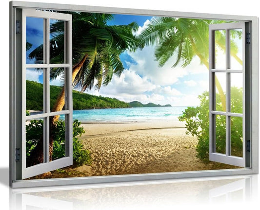 Beach Sunset View 3D Window Effect Canvas Wall Art Picture Print (30X20), Bedroom