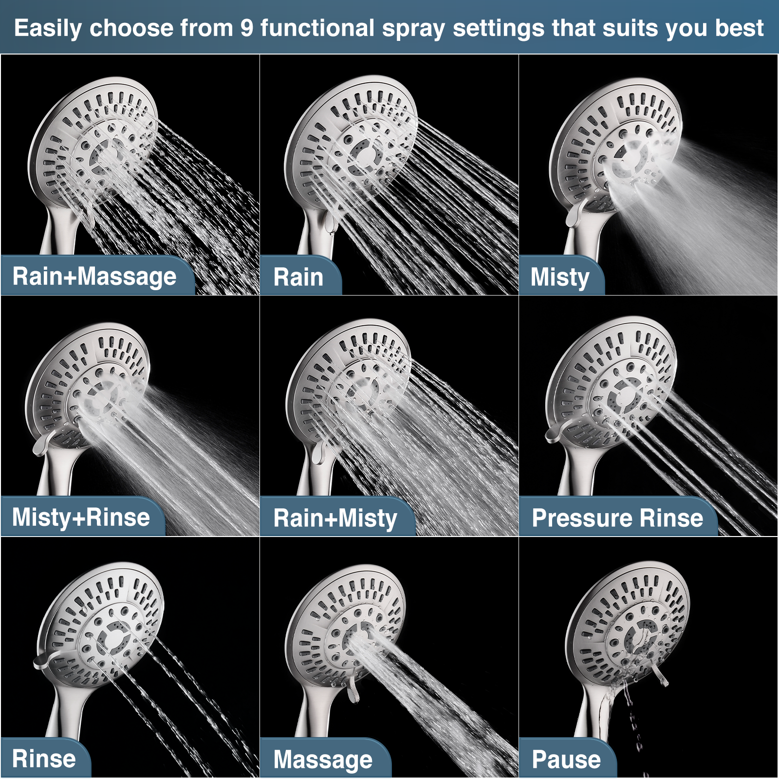 High Pressure 9-Spray Handheld Shower Head Set with Hose and Shower Arm Mount