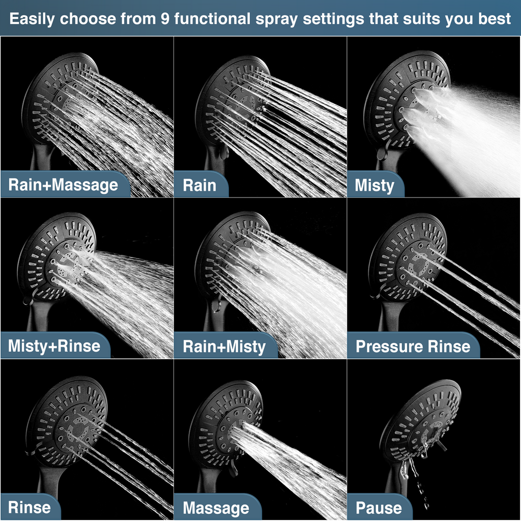 High Pressure 9-Spray Handheld Shower Head Set with Hose and Shower Arm Mount