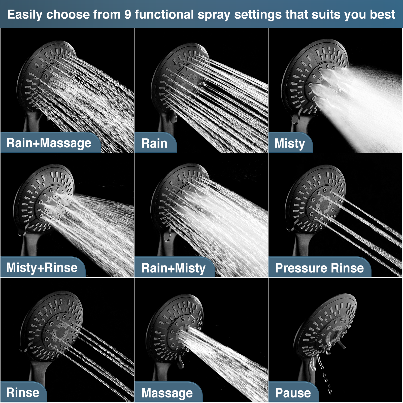 High Pressure 9-Spray Handheld Shower Head Set with Hose and Shower Arm Mount