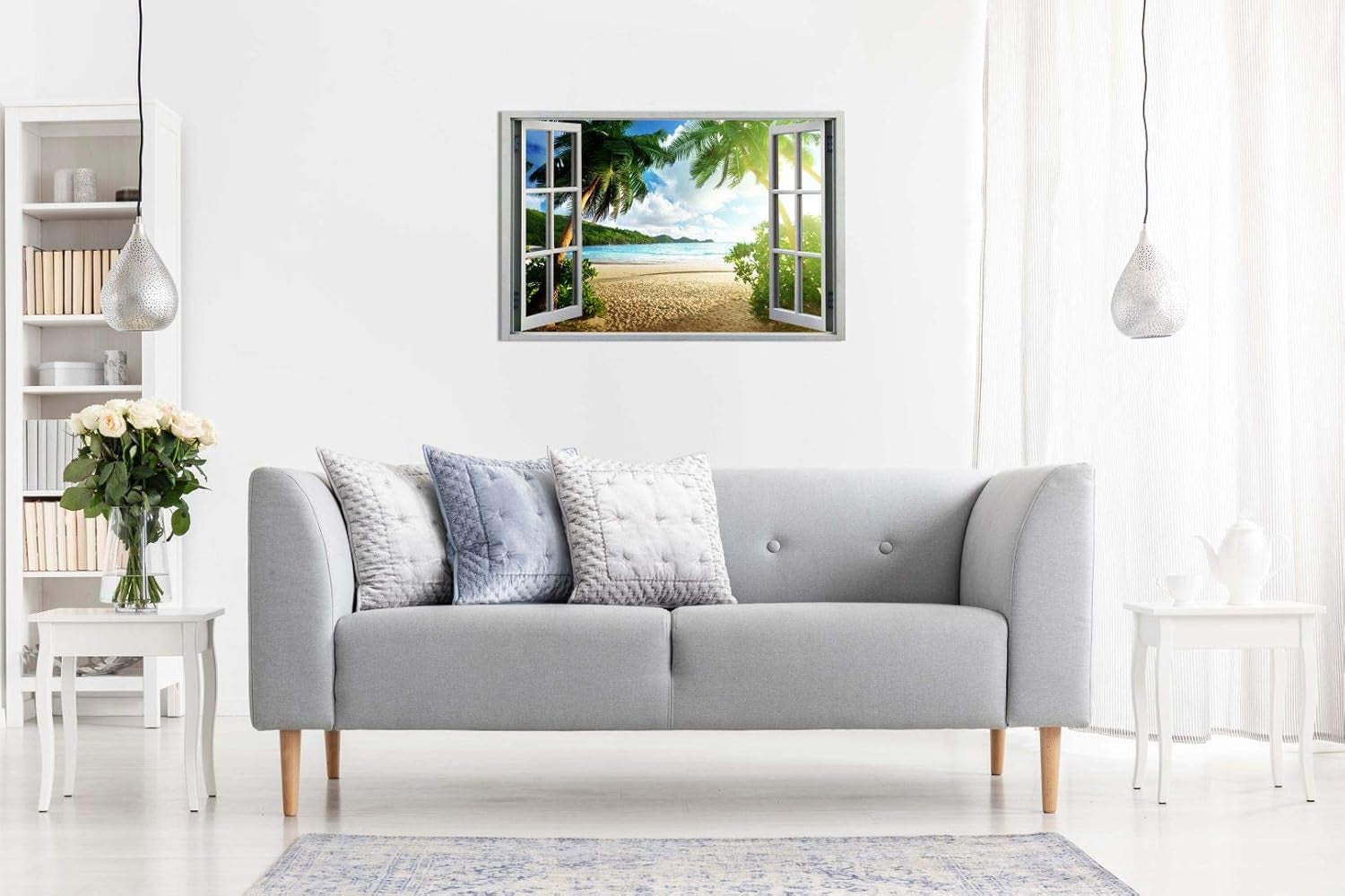 Beach Sunset View 3D Window Effect Canvas Wall Art Picture Print (30X20), Bedroom