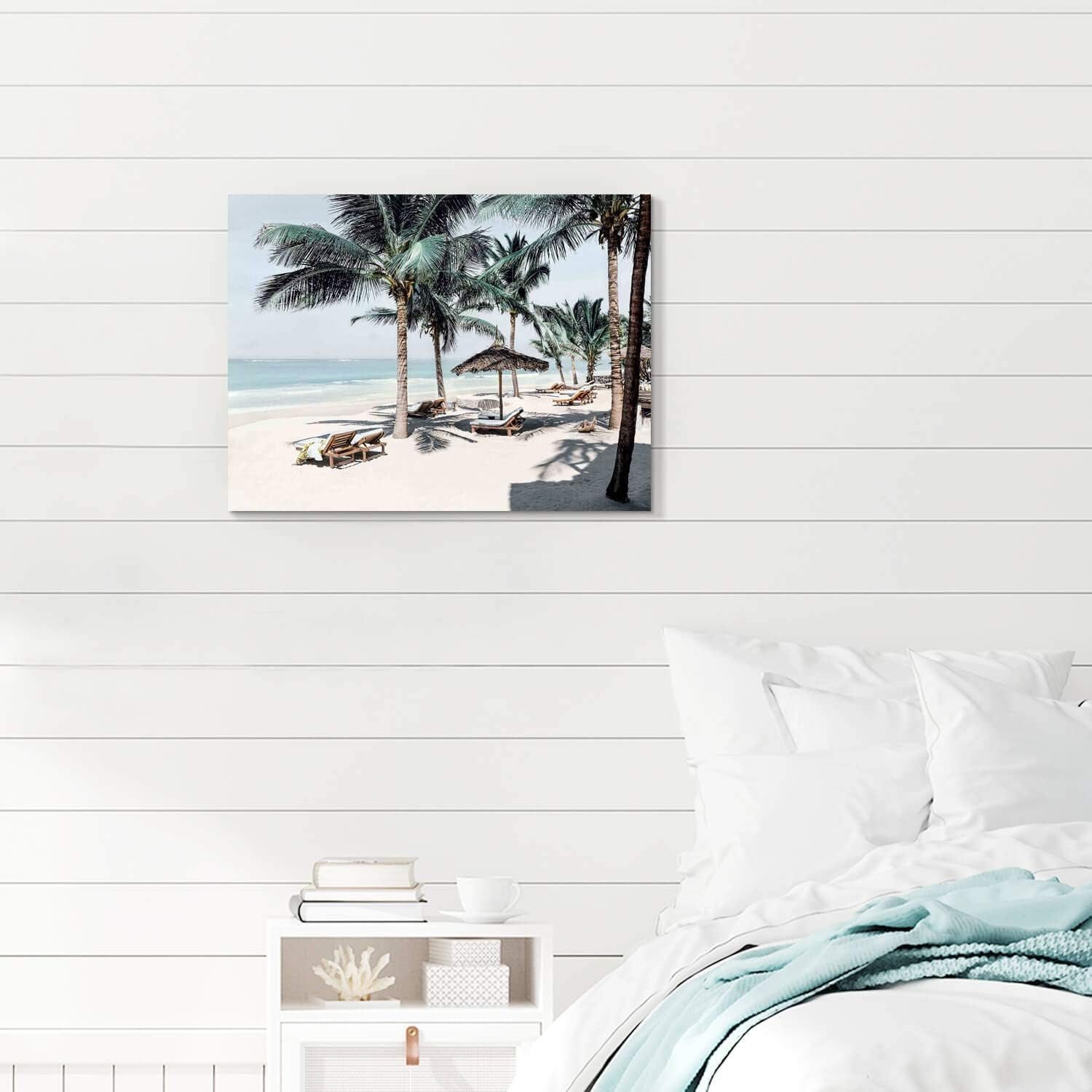Beach Canvas Picture Wall Art: Modern Tropical Seascape Themed “ Palm Tree on the Beach” Photographic Print on Canvas for Living Room (24''W X 18''H, Multiple Sizes)