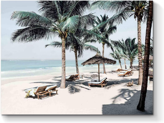 Beach Canvas Picture Wall Art: Modern Tropical Seascape Themed “ Palm Tree on the Beach” Photographic Print on Canvas for Living Room (24''W X 18''H, Multiple Sizes)