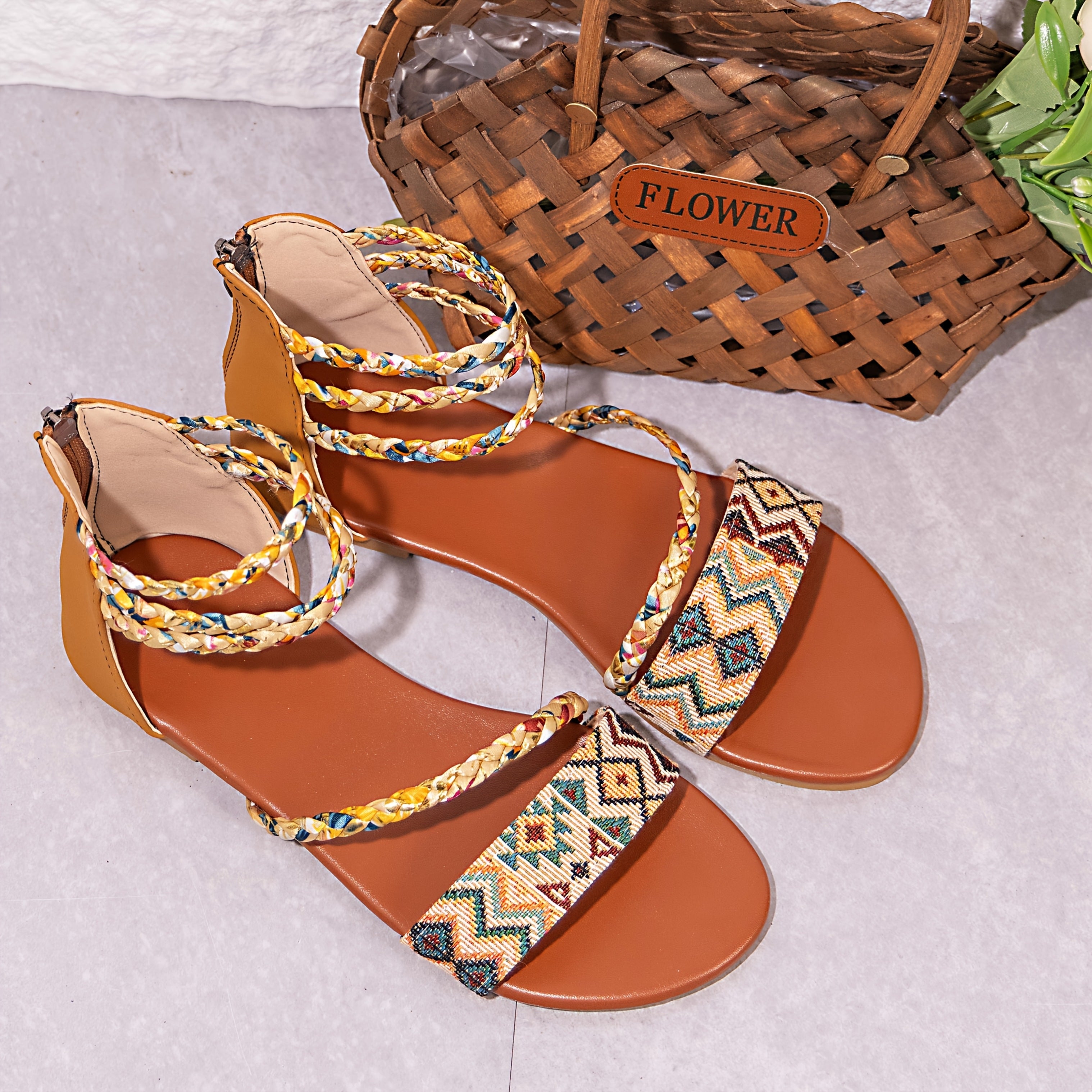Women's Bohemian Roman Sandals - Open-Toe Flat Shoes with Back Zipper