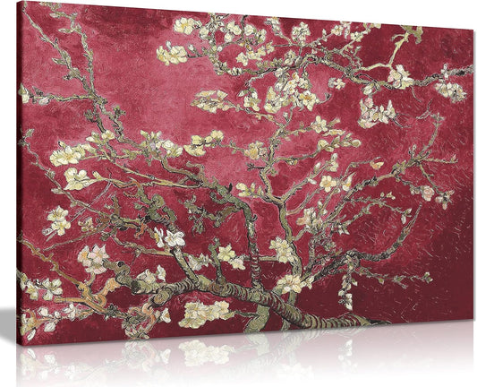 Floral Canvas Maroon Van Gogh Blossoming Almond Tree Canvas Wall Art Picture Print (12X8)