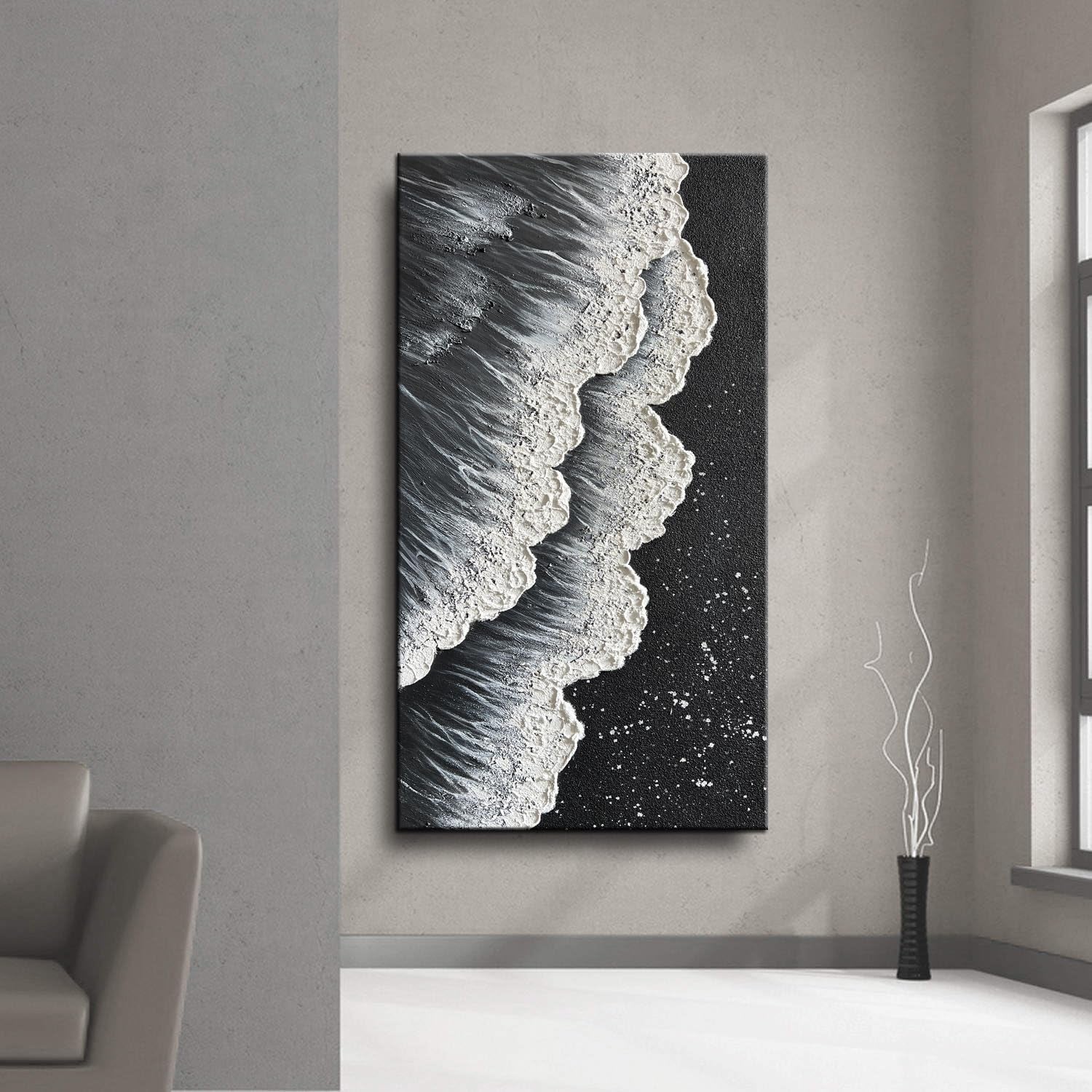 - Oil Painting on Canvas Texture Black and White Ocean Scenery Sandbeach 3D Oil Painting Hand-Painted Abstract Artwork Paintings Modern Home Decor Living Room Sofa Bedroom Dining Room Hanging Pictures Canvas Wall Art 24X48Inch